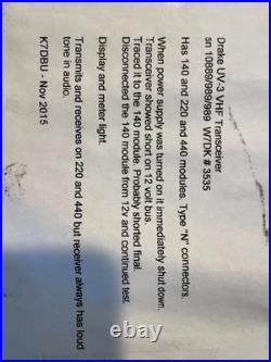 Drake UV-3 FM Transceiver Vintage Ham Radio VHF UHF Check Notes